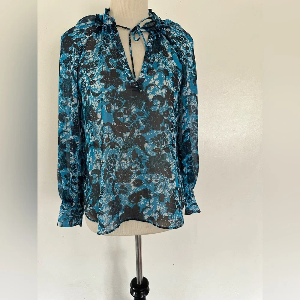 Anthropologie Chiffon Blouse Blue Floral Long Sleeve V-Neck size S - Picture 1 of 12